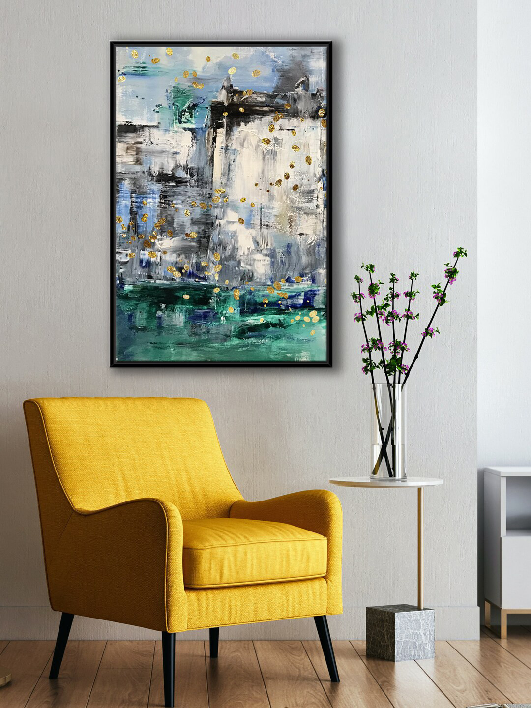 999Store Modern Cream & Green Abstract Canvas Painting Framed Wall Art