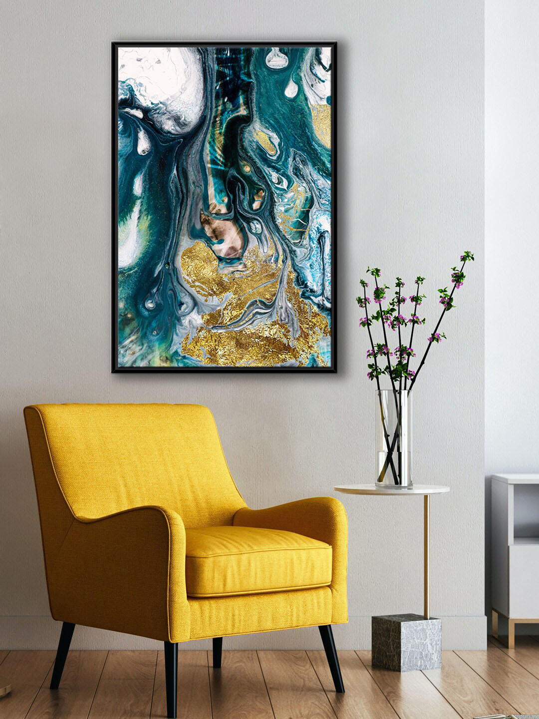 999Store Modern Teal Green & White Abstract Canvas Painting Framed Wall Art