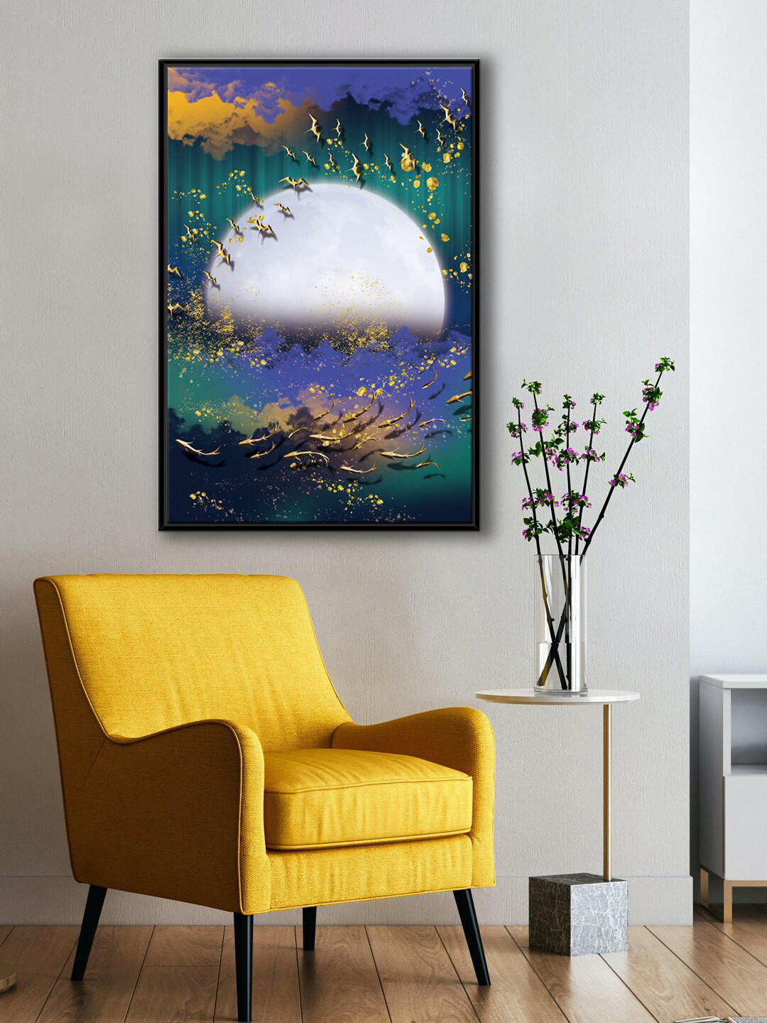 999Store Modern Green & Blue Half Moon With Koi Fish And Flying Bird Painting Wall Art