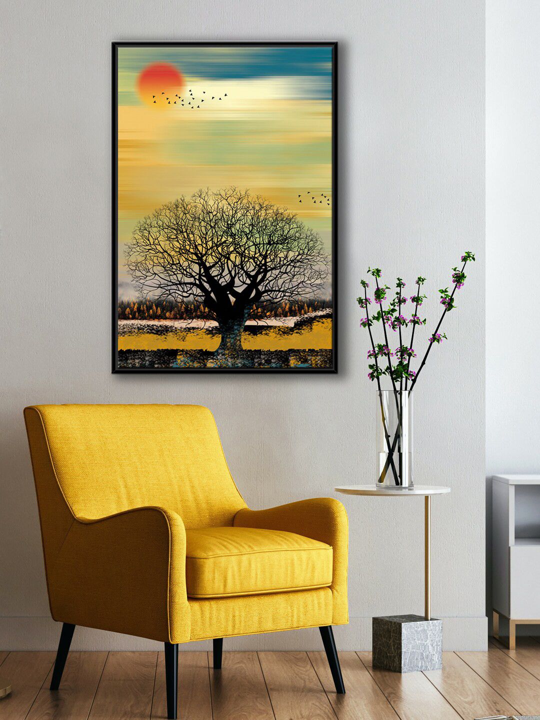 999Store Modern Yellow & Black Tree Sun & Flying Bird Canvas Painting Wall Art