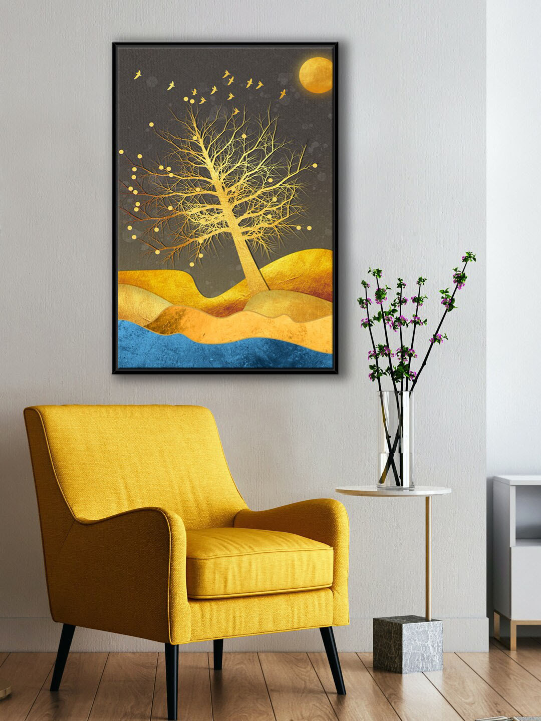 999Store Modern Grey & Yellow Full Moon With Mountain & Flying Birds Painting Wall Art