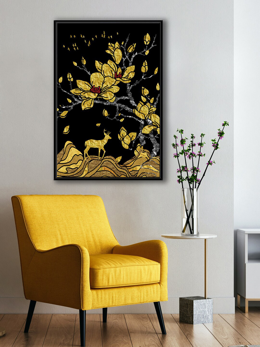 999Store Black & Yellow Tree Golden Flower & Deer with Flying Bird Painting Wall Art