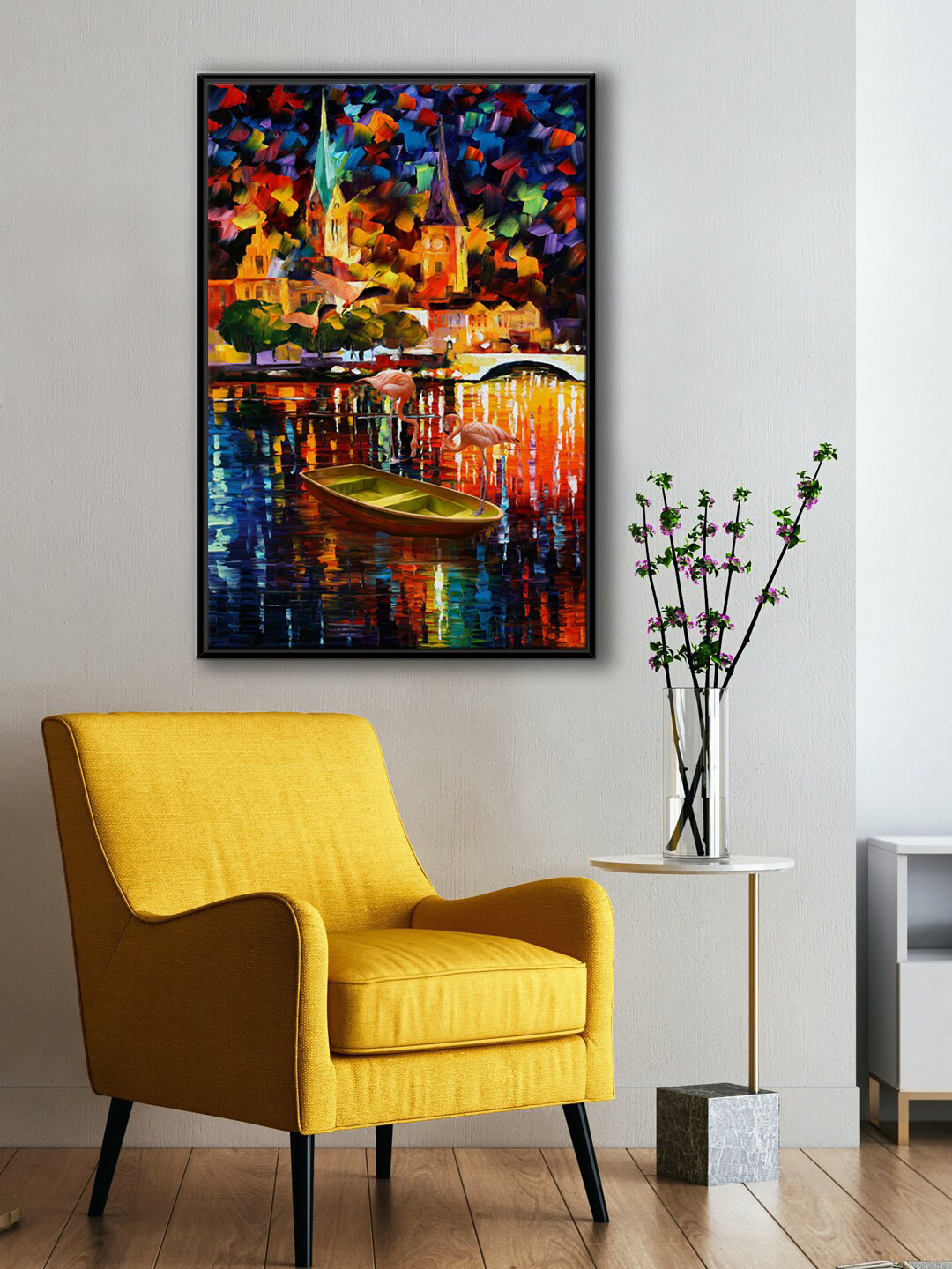999Store Modern Yellow & Blue Boat In River & Flamingo With Abstract View City Wall Art