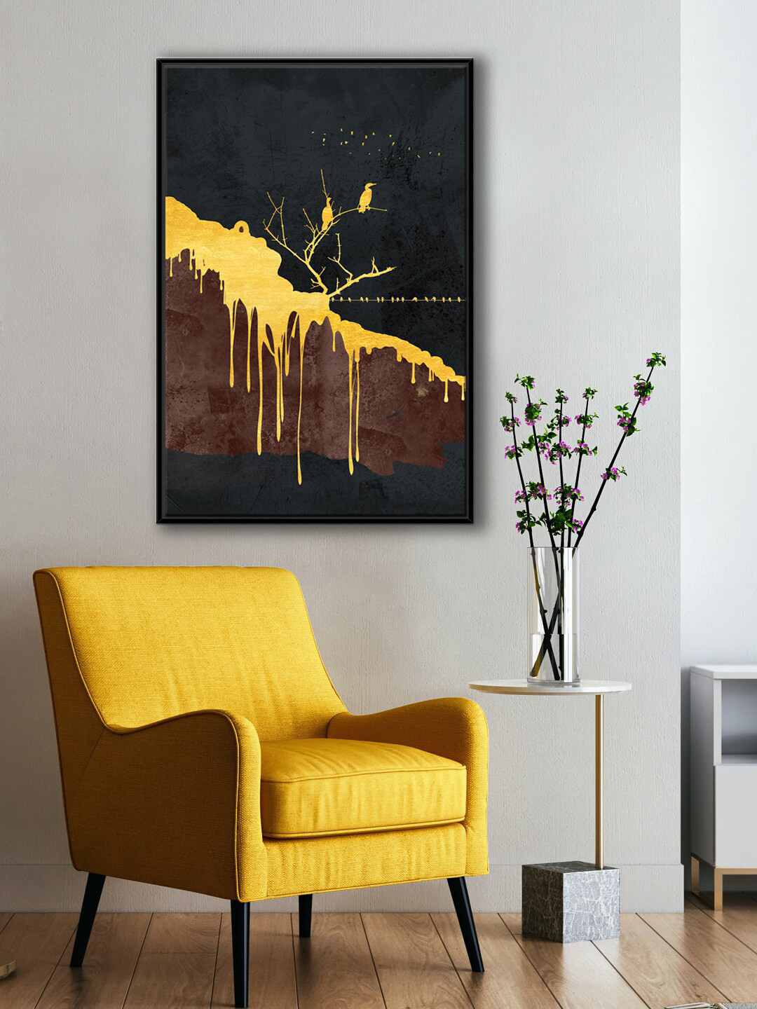 999Store Modern Black & Yellow Tree With Sitting Bird Canvas Painting Wall Art