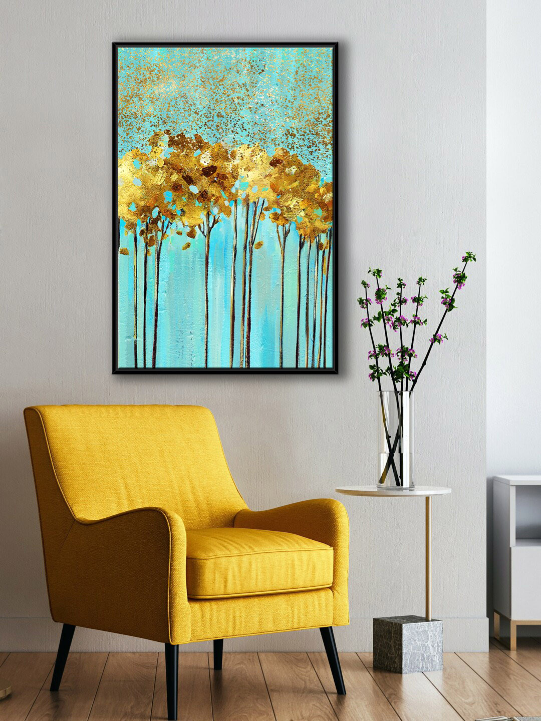 999Store Modern Sea Green & Yellow Tree Art with Abstract Background Painting Wall Art