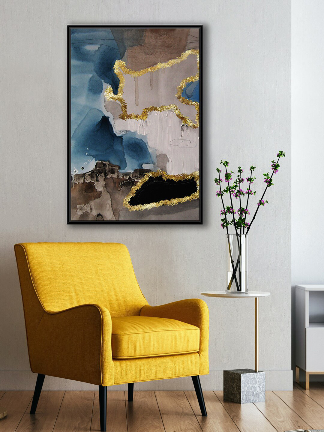 999Store Modern Grey & Blue Abstract Canvas Painting Framed Wall Art