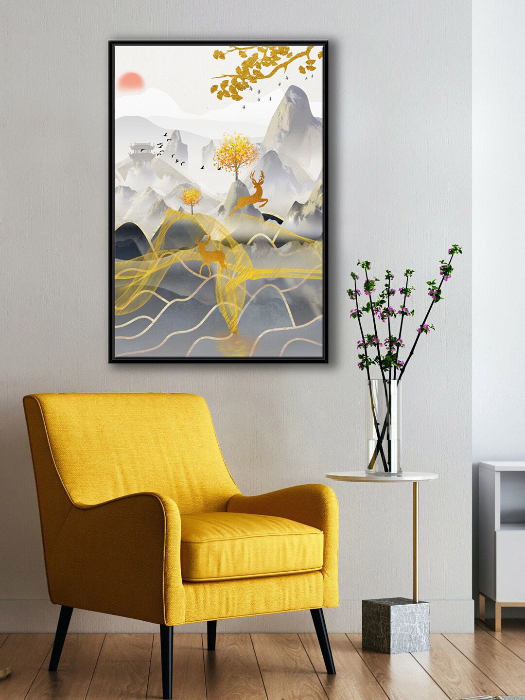 999Store Modern White & Grey Mountains Running Deer & Flying Birds Painting Wall Art