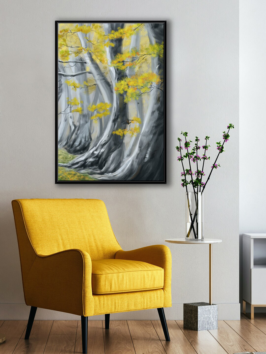 999Store Modern Grey & Green Forest View & Tree Painting Wall Art