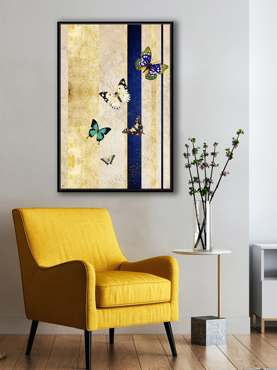 999Store Modern Beige & Blue Butterfly With Background Canvas Painting Wall Art