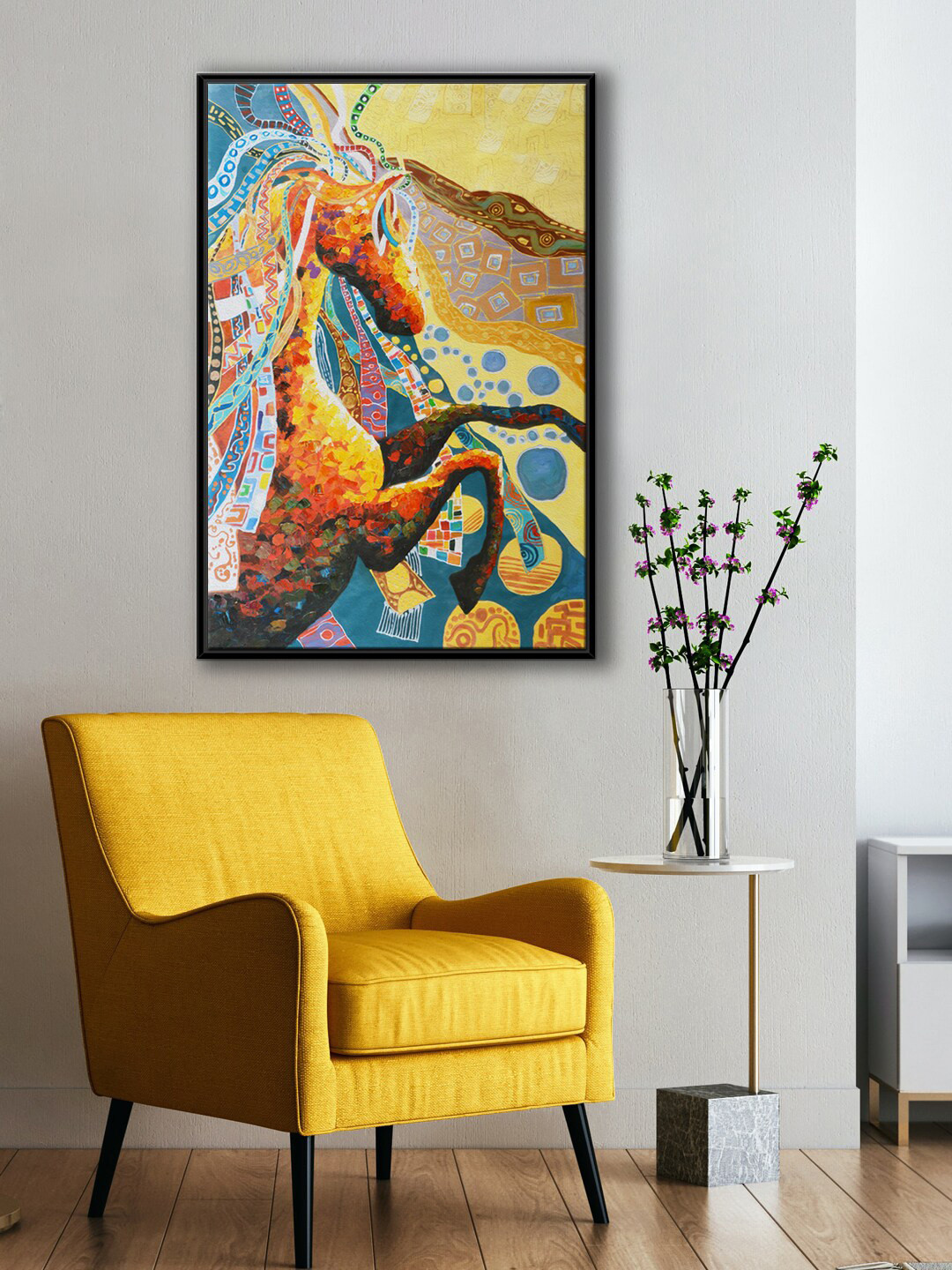 999Store Mustard Yellow & Blue Abstract Colourful Horse Face Canvas Painting Wall Art