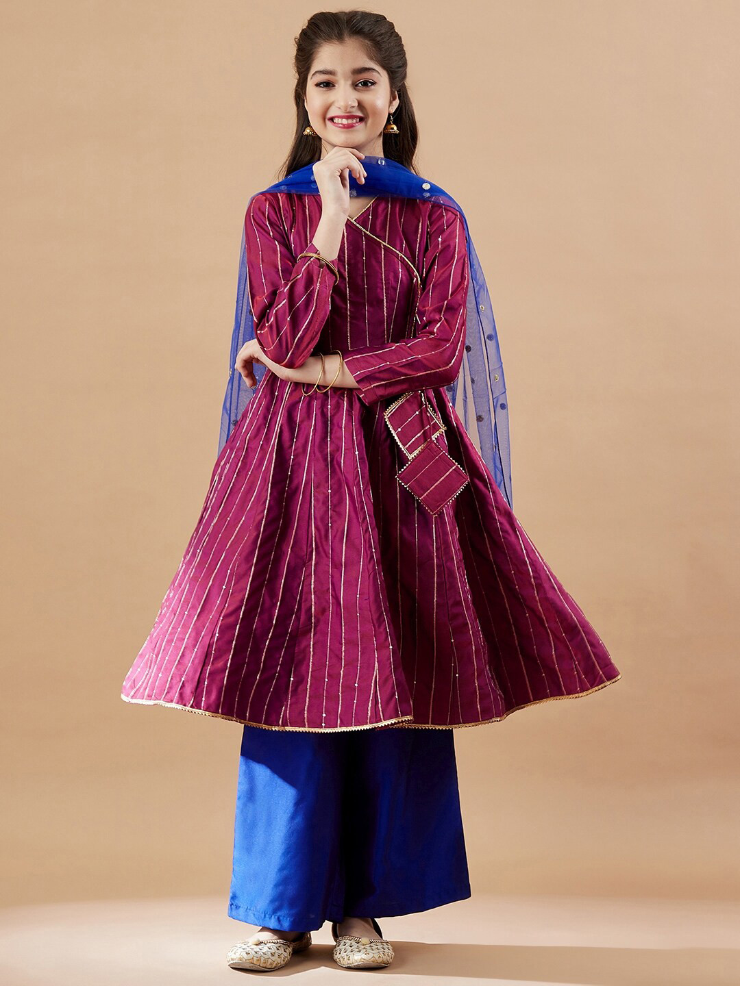 Cherry & Jerry Girls Striped Angrakha Sequinned Kurta with Palazzos & With Dupatta