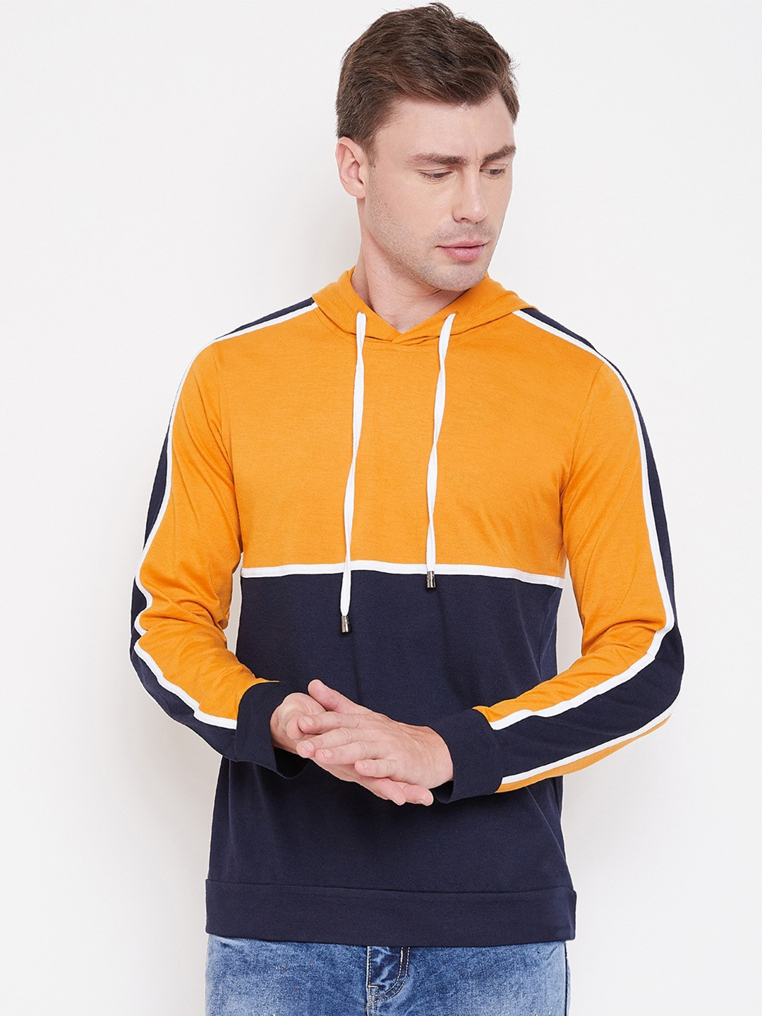 LE BOURGEOIS Men Mustard Yellow Striped Raw Edge T-shirt