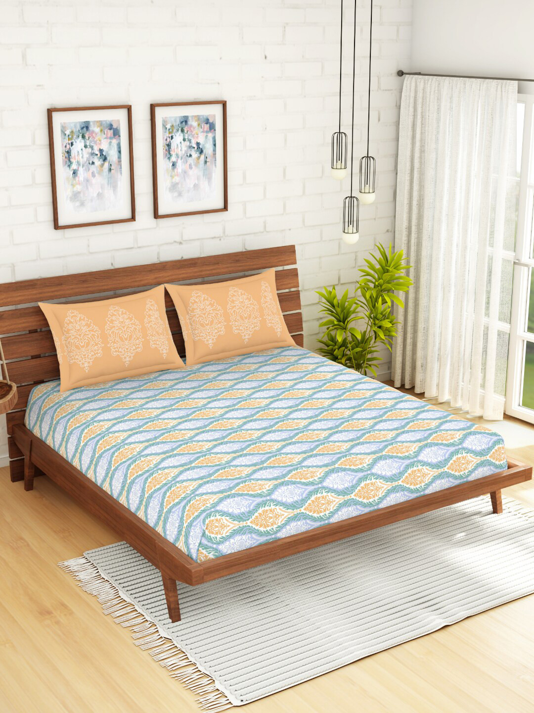 SPACES Atrium Plus Ecom Blue 210 TC Fitted Cotton King Bedsheet With 2 Pillow Covers