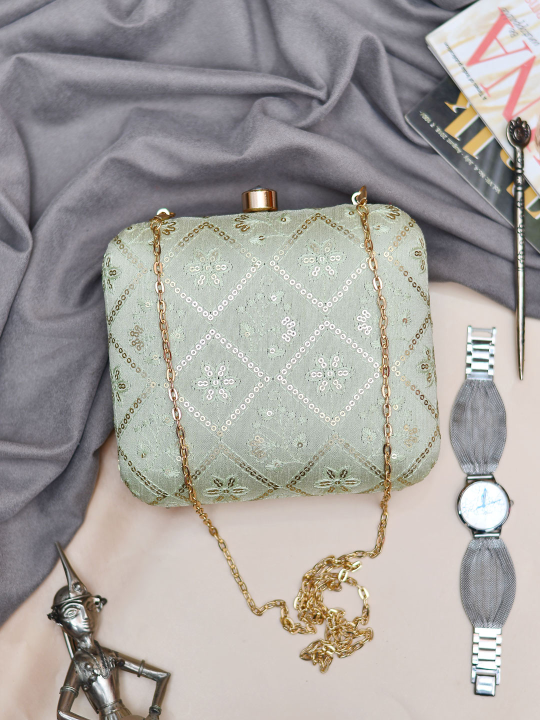 ARTKLIM Embroidered Sequinned Shoulder Strap Box Clutch