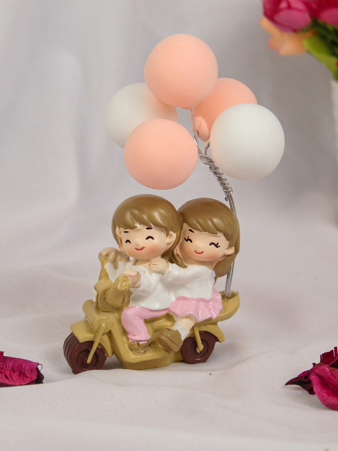 TIED RIBBONS Romantic Love Couple with Balloon Brown Polyresin Glossy Living Room Tiny Showpiece - 4.3 Inches