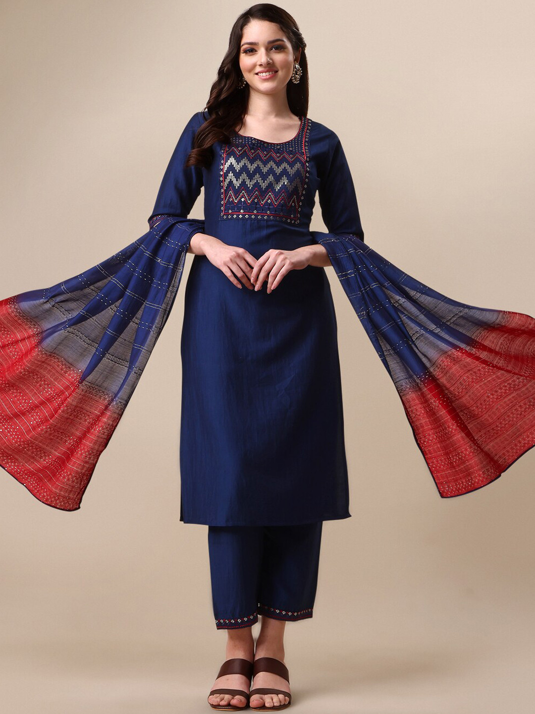 KALINI Chinon Sequin Embroidered Kurta & Trousers with Ombre Chanderi Dupatta Set