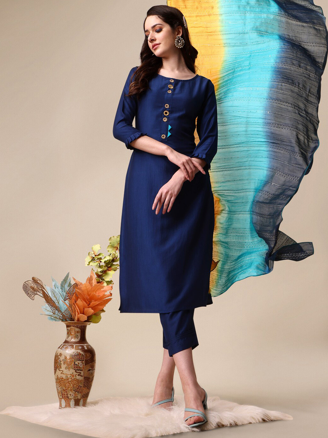 KALINI Mirror Work Ruffle Chinon Kurta with Trousers Ombre Dupatta Set