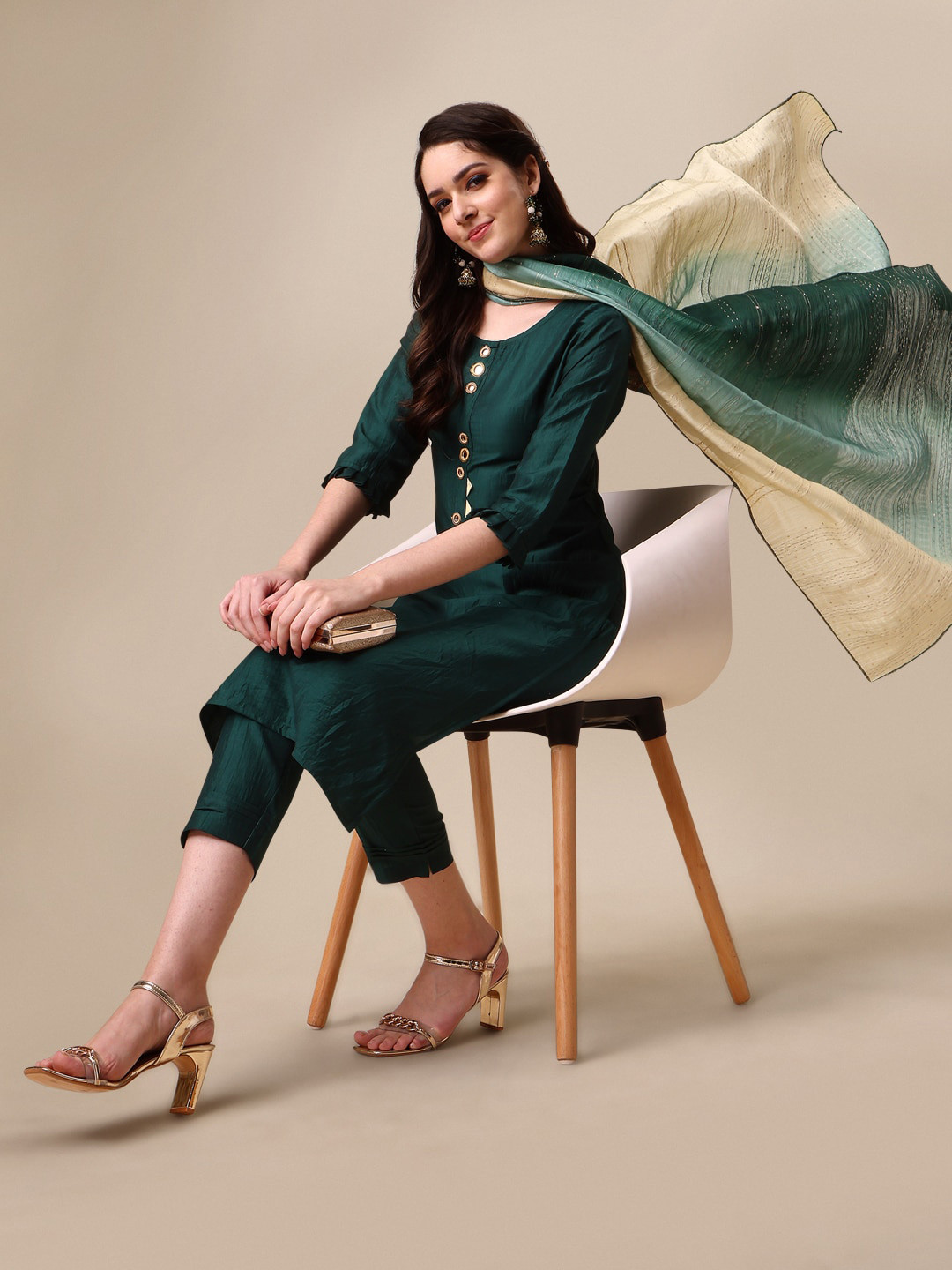 KALINI Mirror Work Ruffle Chinon Kurta with Trousers Ombre Dupatta Set