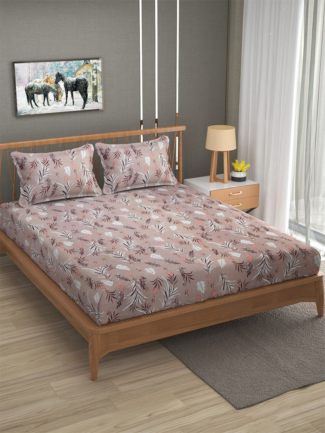 Florida Beige & White Floral 120 TC Flat Pure Cotton Queen Bedsheet with 2 Pillow Covers