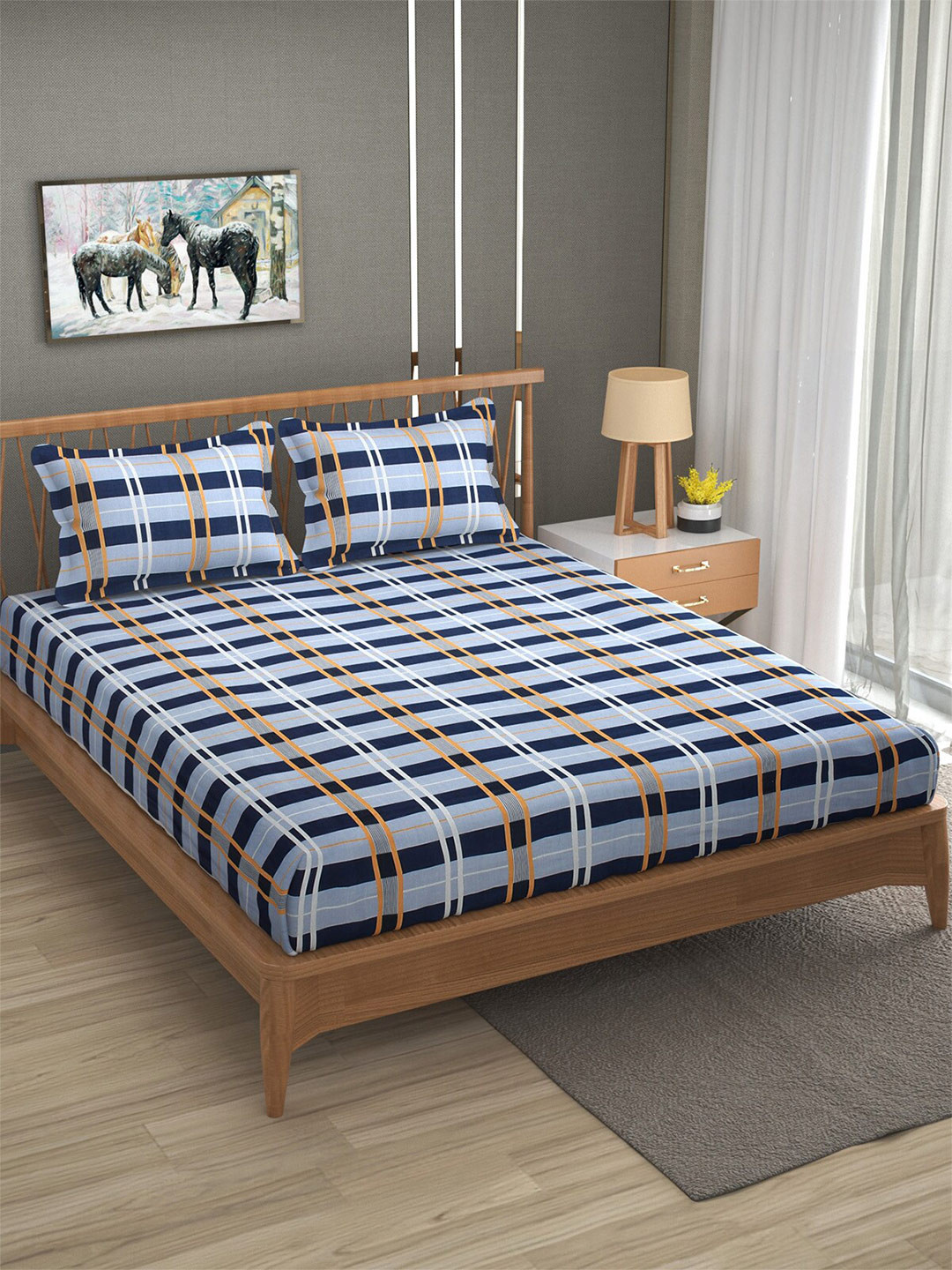 Florida Navy Blue Checked Cotton 120 TC Queen Bedsheet with 2 Pillow Covers-90 x 96 inches