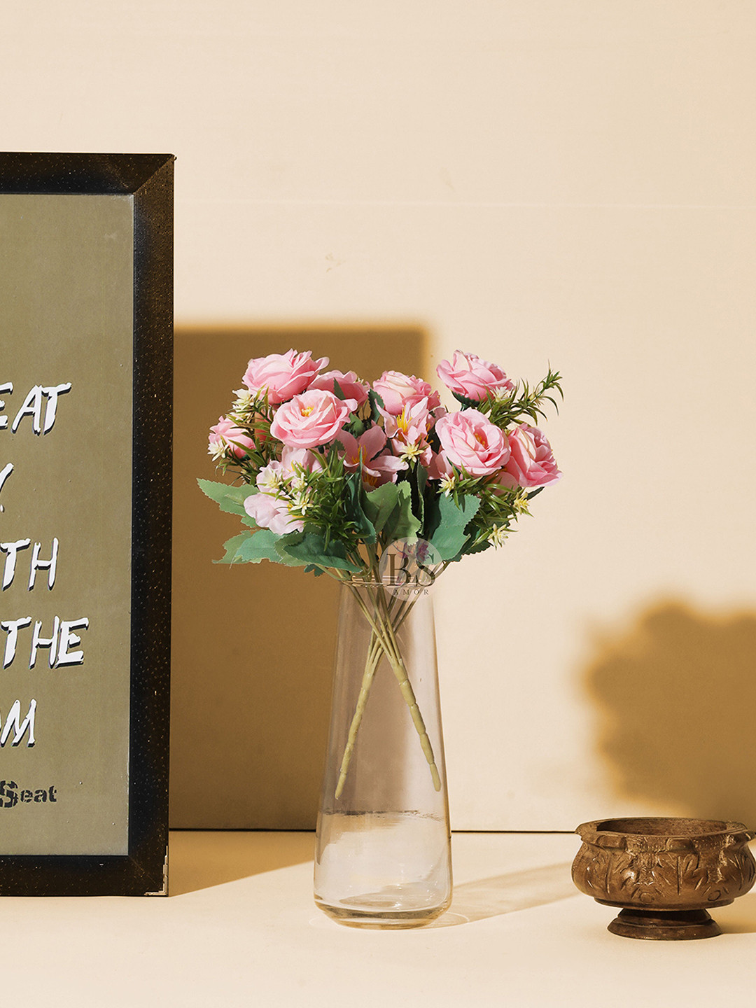 BS AMOR 2 Pcs Pink Rose Bunch Artificial Flowers