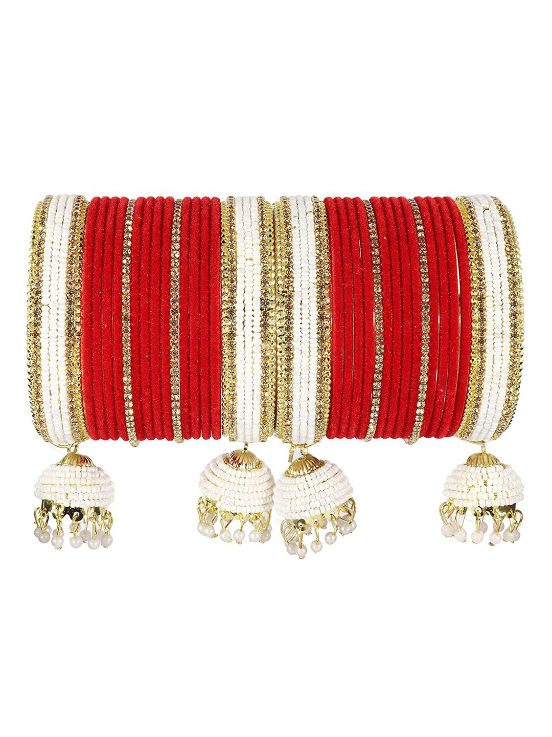 NMII 32 Pieces Cubic Zirconia & Pearls-Studded Velvet Bangle Set