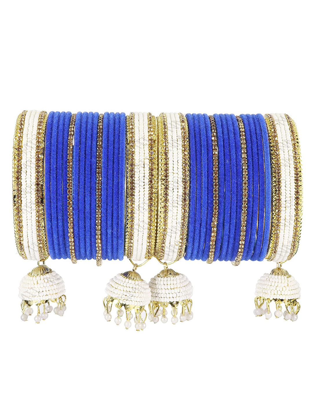NMII 32 Pcs Zircon & Pearl Studded Velvet Latkan Bangles
