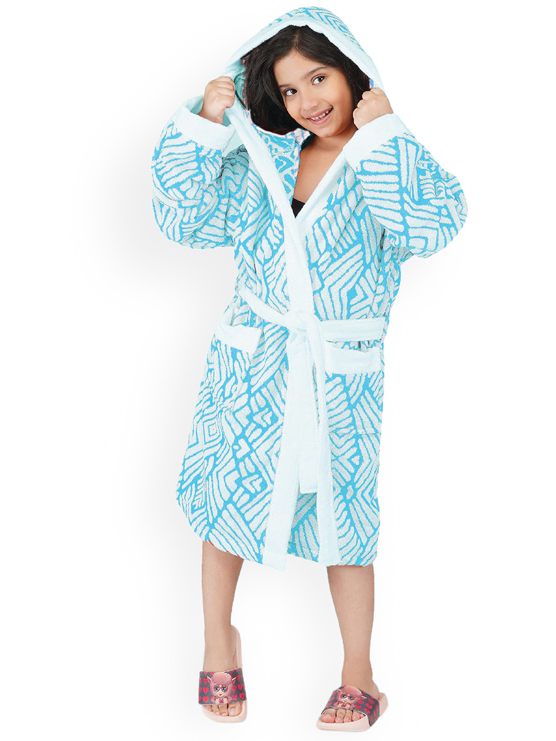 RANGOLI Soft Blue Geometric Cotton Drawstring Knee Length Bath Robe