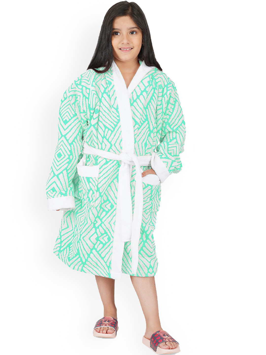 RANGOLI Soft Green Geometric Cotton Drawstring Knee Length Bath Robe