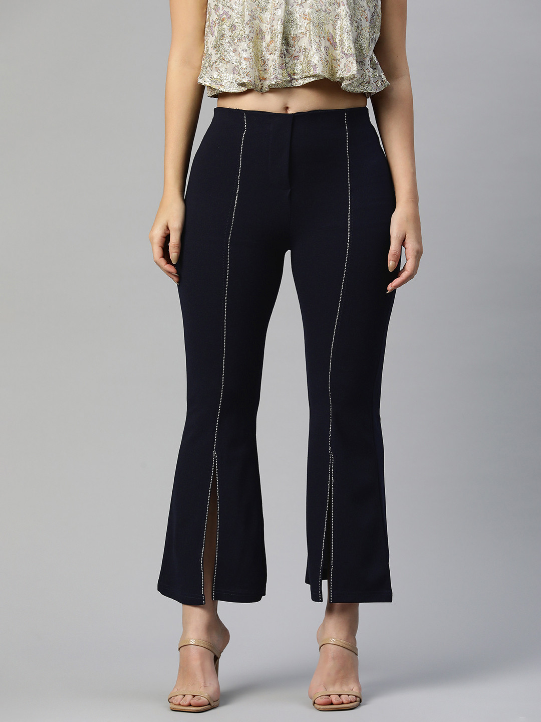 plusS WORX Women Navy Blue Flared High-Rise Trousers