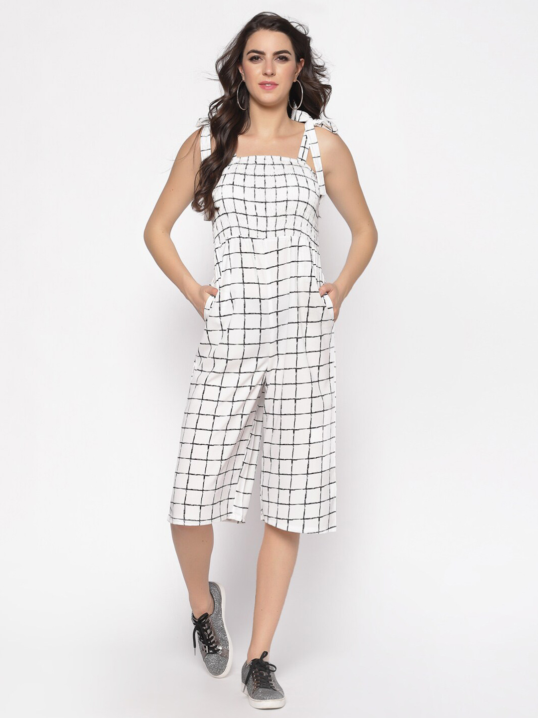 Sera Women Smocked Checked Capri Jumpsuit