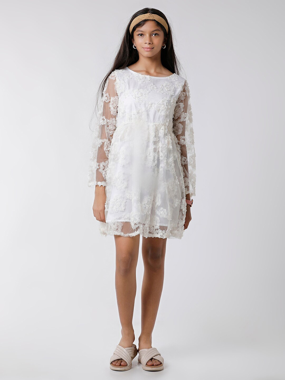 KATE & OSCAR Girls Round Neck Self Design A-Line Dress