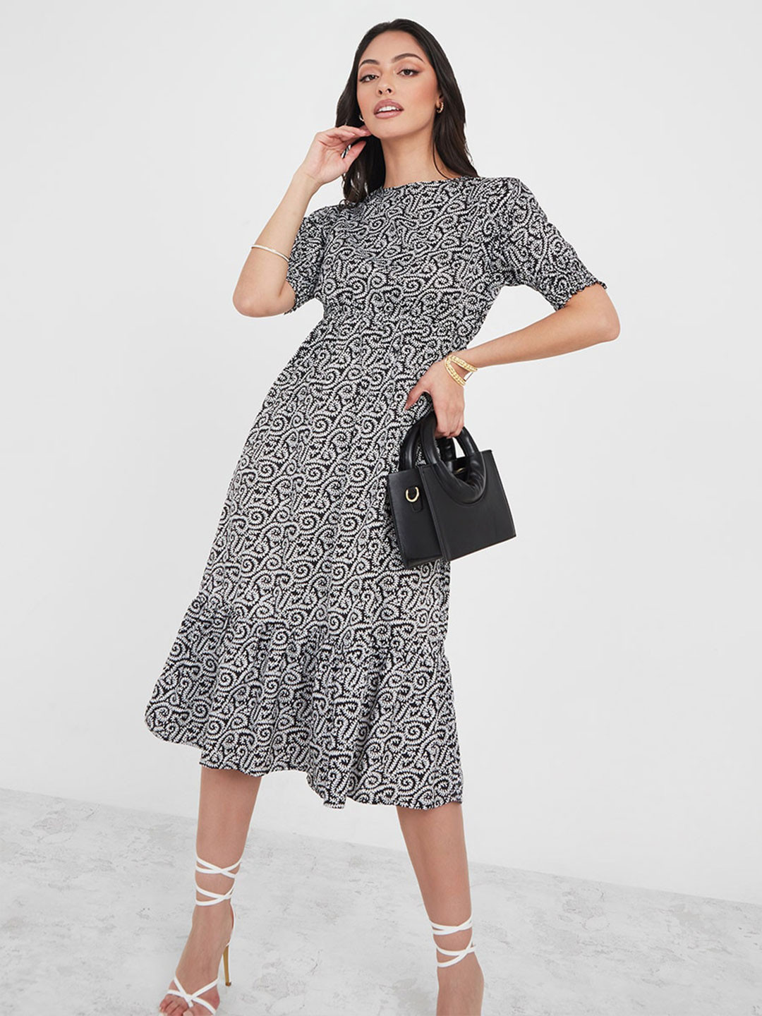 Styli Printed Monochrome A-Line Midi Dress