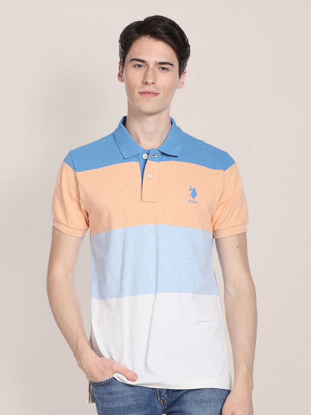 U.S. Polo Assn. Men Colourblocked Polo Collar Cotton Slim Fit T-shirt
