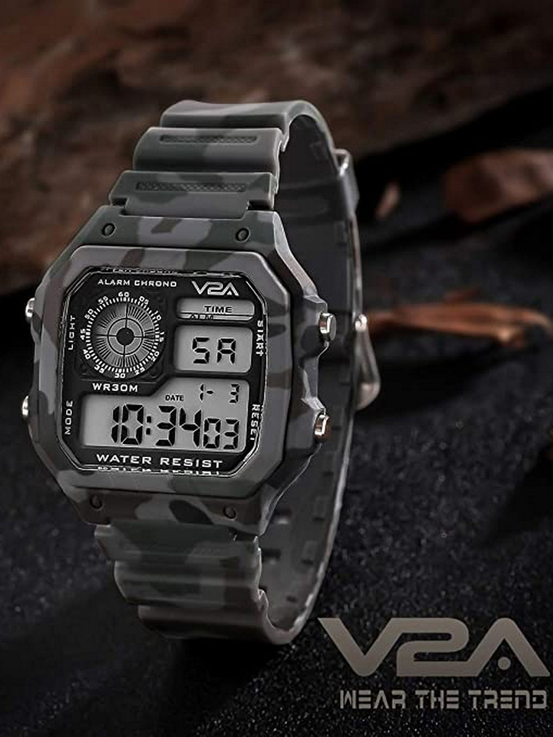 V2A Men Textured Dial & Straps Multi Function Sports Digital Watch- V2A-1299-Grey-Camo-01