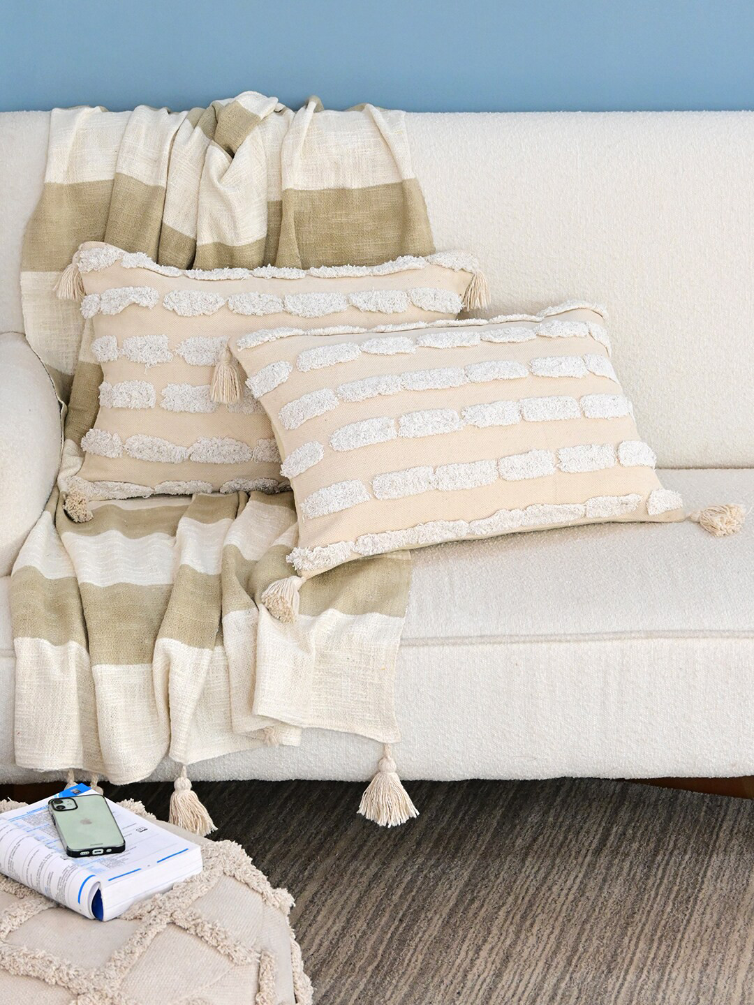 Art Avenue Cream Self Design Cotton Lightweight Textured Rectangle Cushion Cover -16x24In