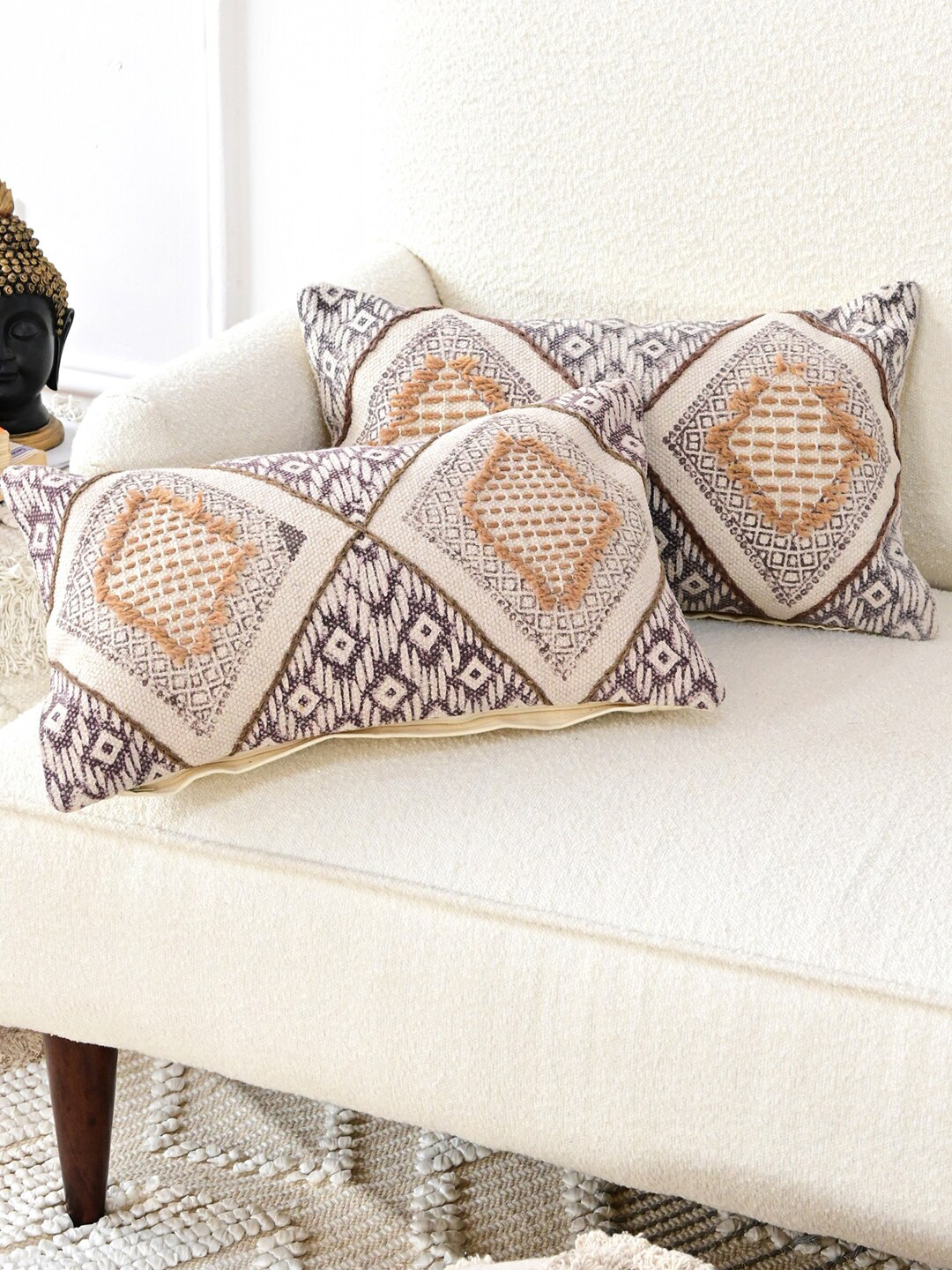 Art Avenue Beige & Purple Geometric Cotton Rectangle Cushion Cover