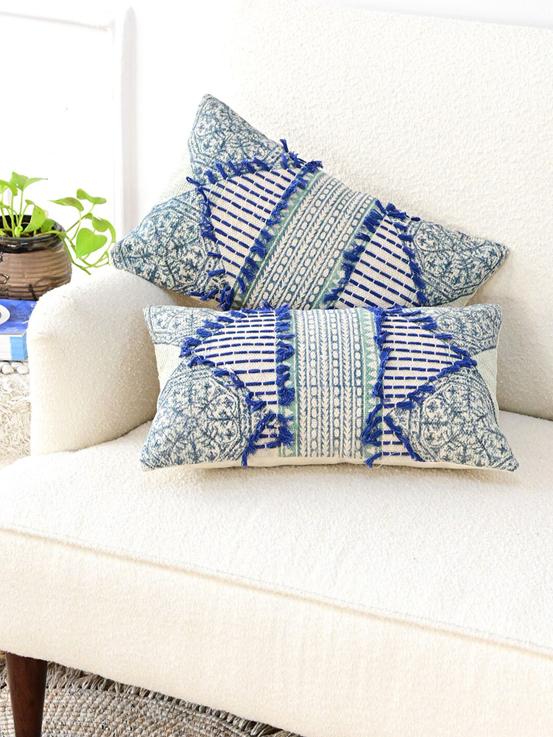 Art Avenue Blue & White Embroidered Cotton Rectangle Cushion Cover