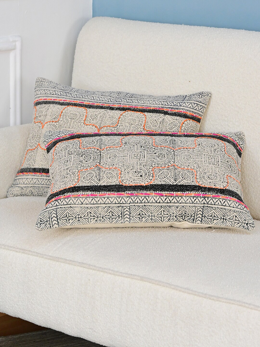 Art Avenue Black & White Self Design Cotton Rectangle Cushion Cover