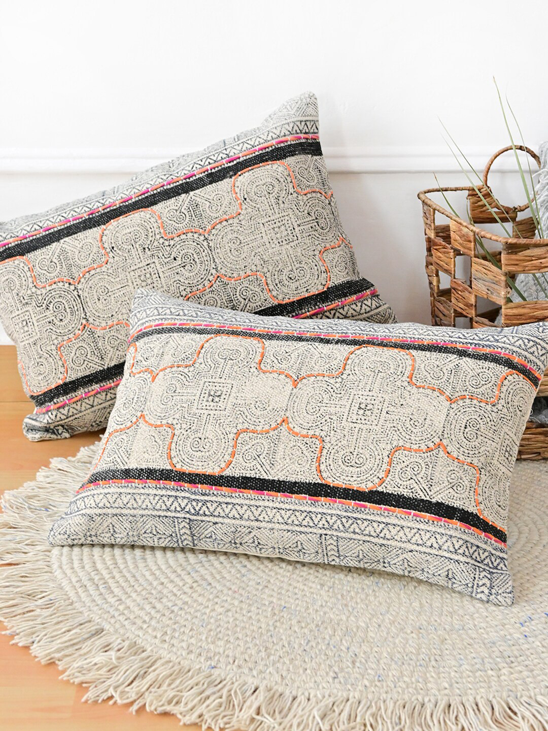 Art Avenue AMBER Black Ethnic Motifs Cotton Textured Rectangle Cushion Cover -12x24In