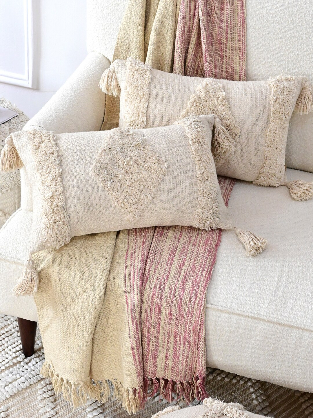 Art Avenue Beige Embroidered Cotton Rectangle Cushion Cover