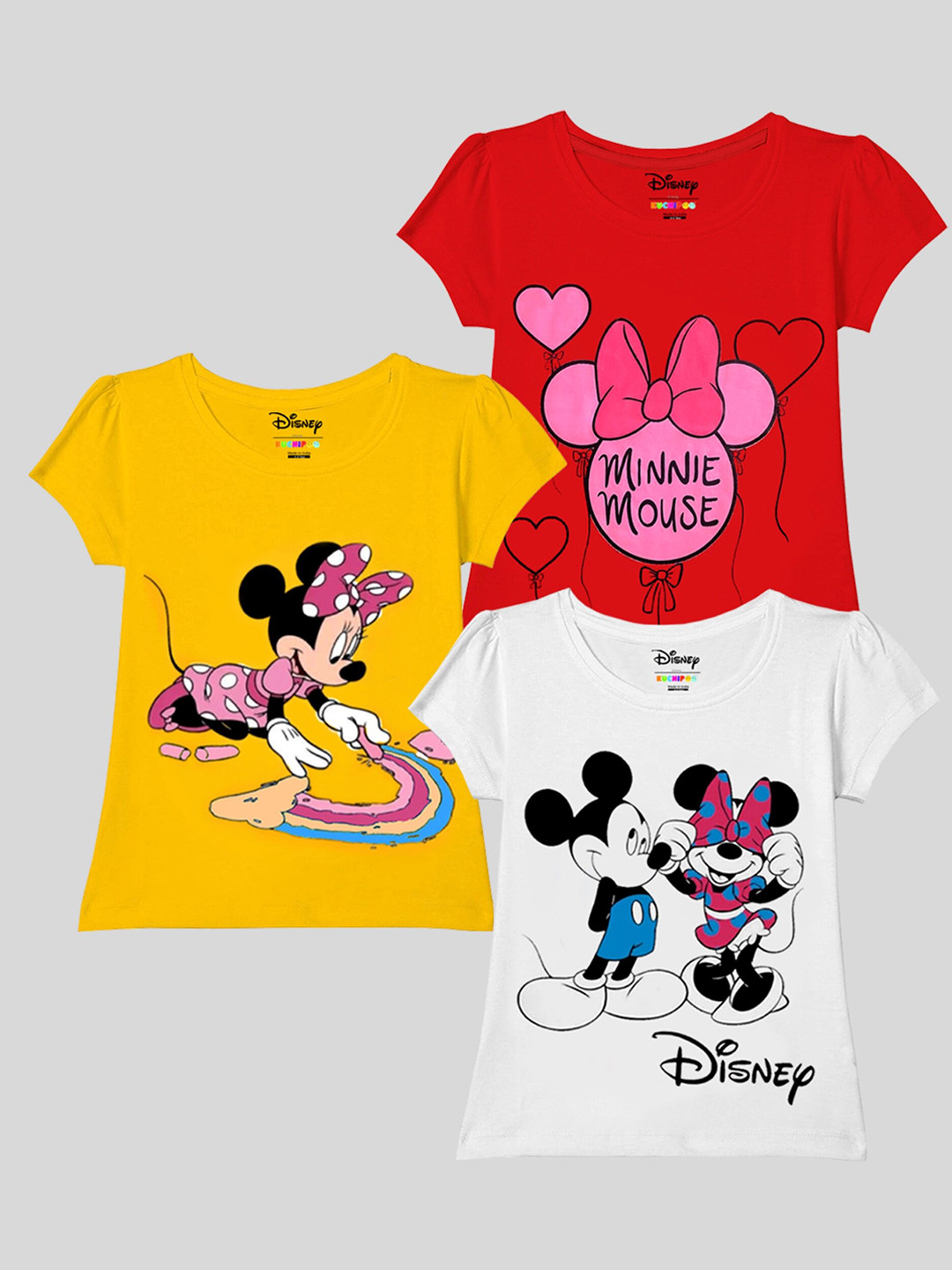 KUCHIPOO Girls Pack of 3 Mickey Mouse Printed T-shirts