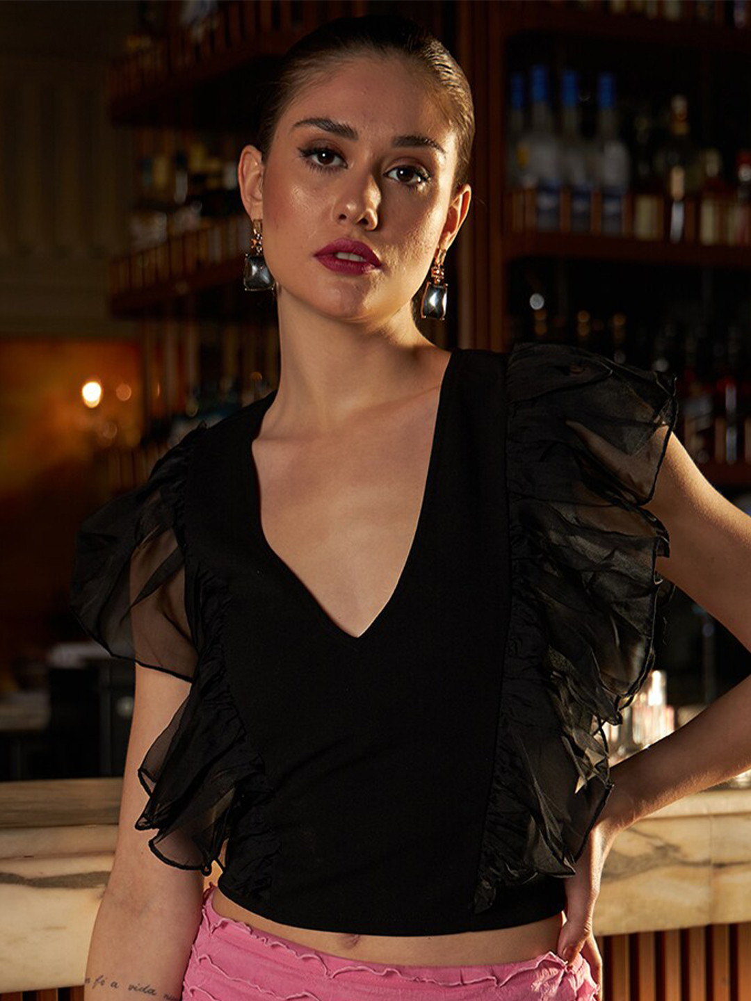Athena Black Ruffles Scuba Crop Top