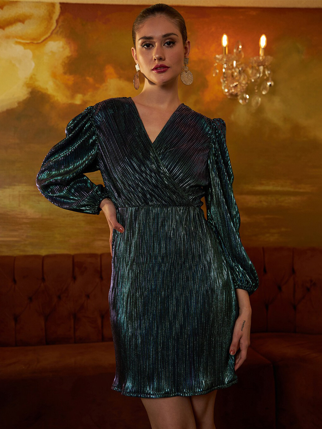 Athena Accordion Pleated V-Neck Sheath Dress