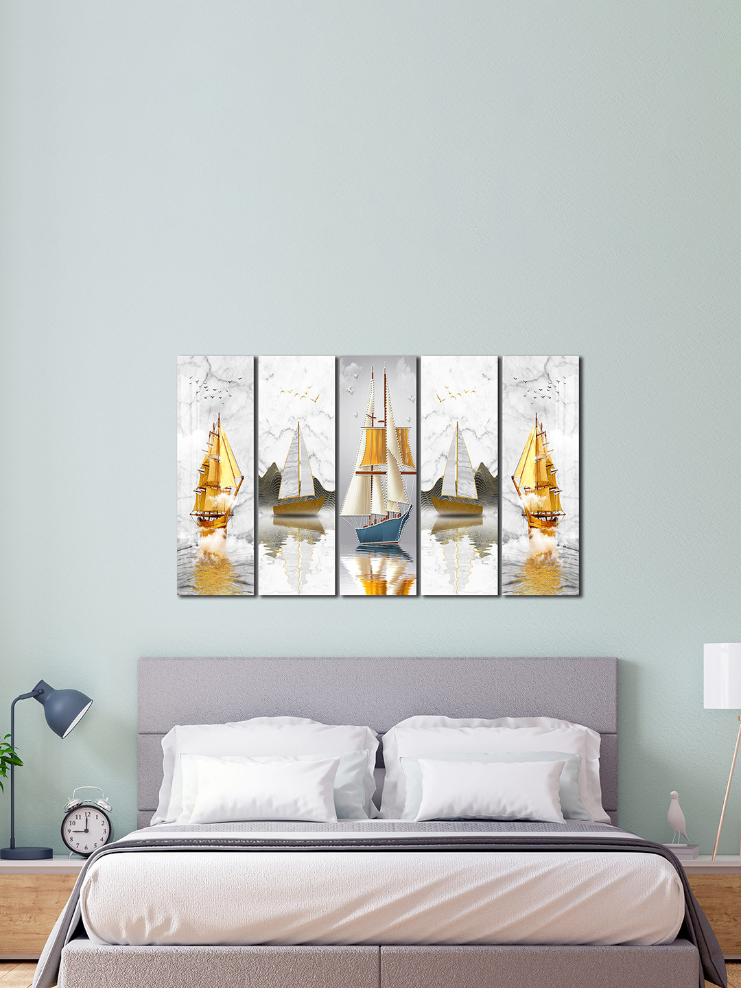 WENS White & Yellow 5 Pcs Geometric Printed Framed Wall Art