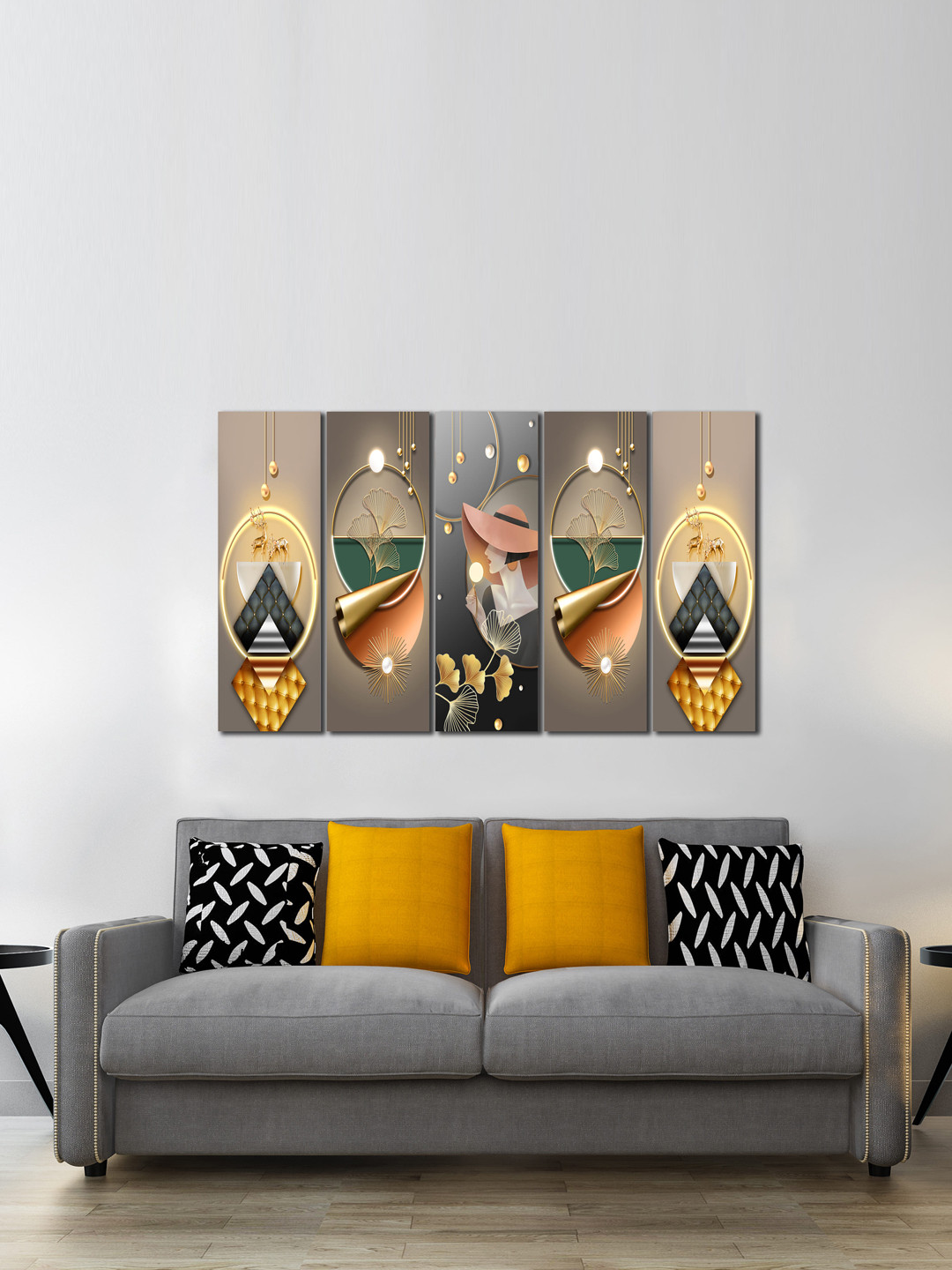 WENS Modern Beige & Grey 5 Pcs Stylish Lady Laminated Wall Art