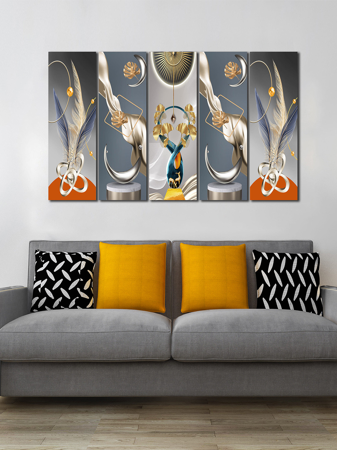 WENS Grey & Orange 5-Pcs Mid Century Modern Laminated Wall Panels