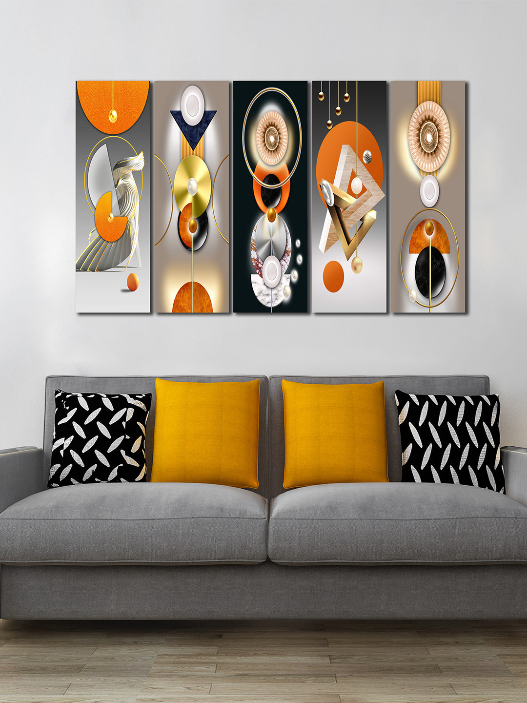 WENS Grey & Orange 5-Pcs Abstract Laminated Wall Panels