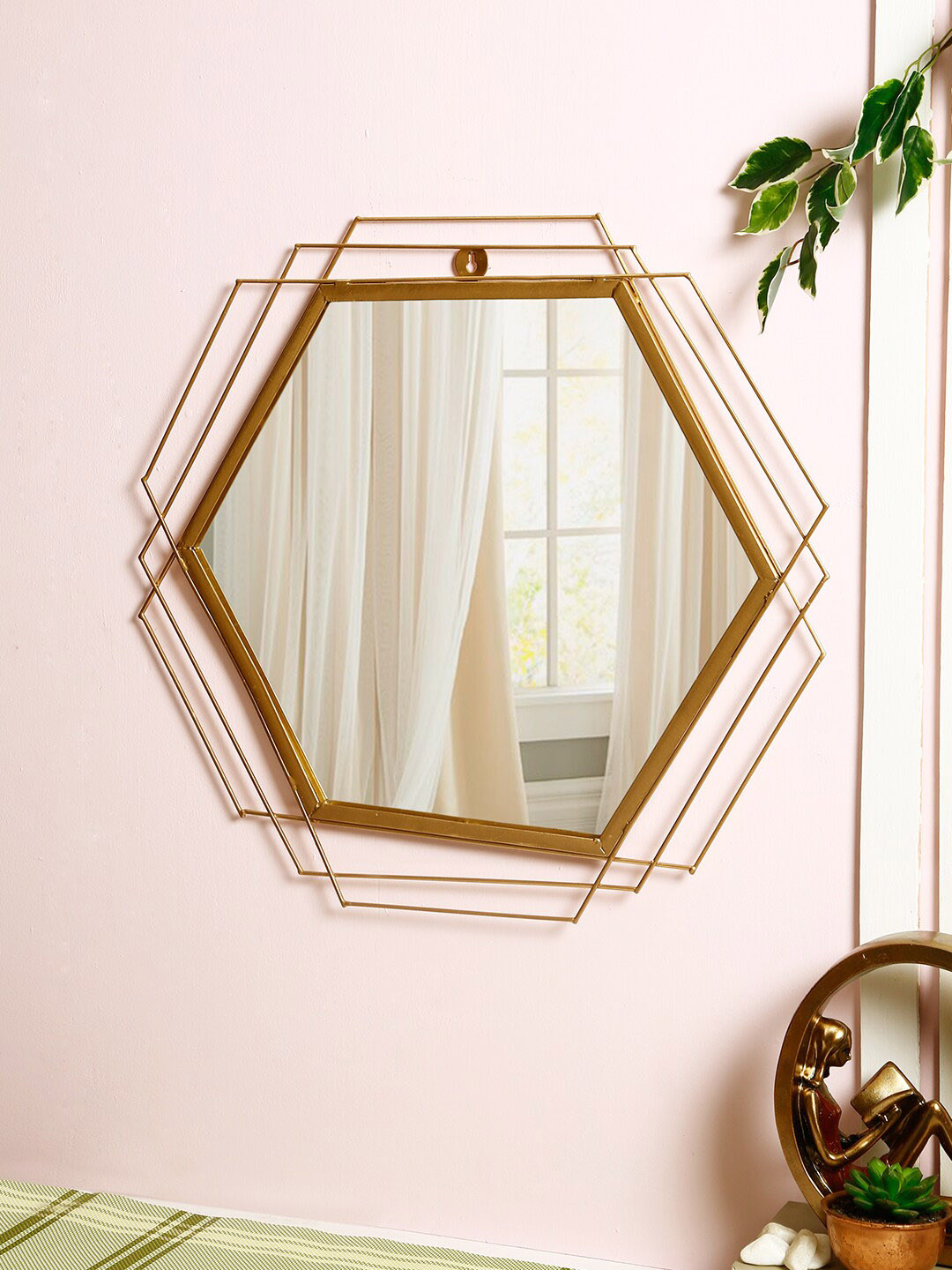 Aapno Rajasthan Gold-Toned Pentagon Design Metallic Framed Mirror
