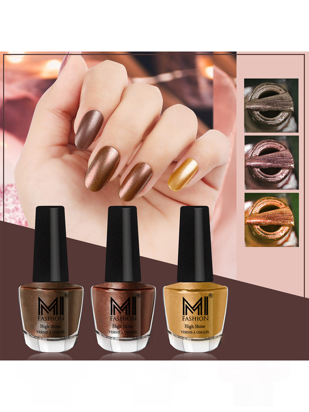 MI FASHION Set Of 3 High Shine Long Lasting Shimmer Nail Paint - 12ml Each